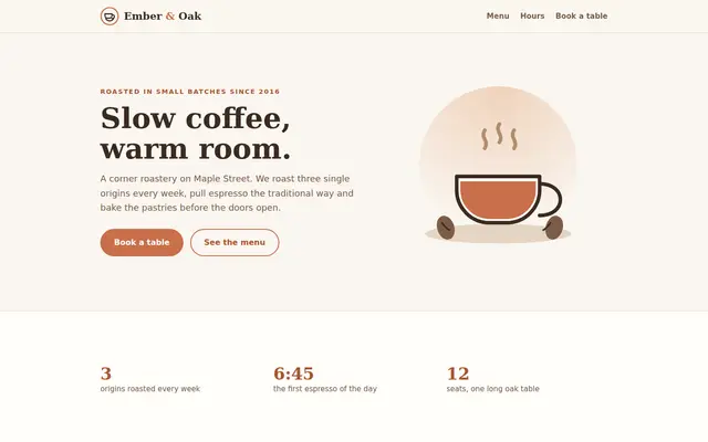 Концепт лендинга кофейни Ember & Oak