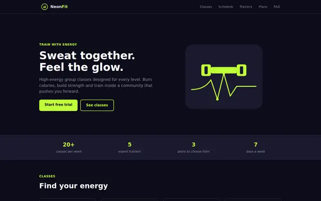 Концепт лендинга фитнес-студии NeonFit